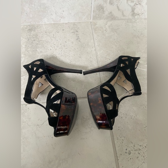 Vintage Bruno Magli Black Suede Open Toe Stiletto Platform Heels Sz 37& 1/2 US 7 - Picture 7 of 14